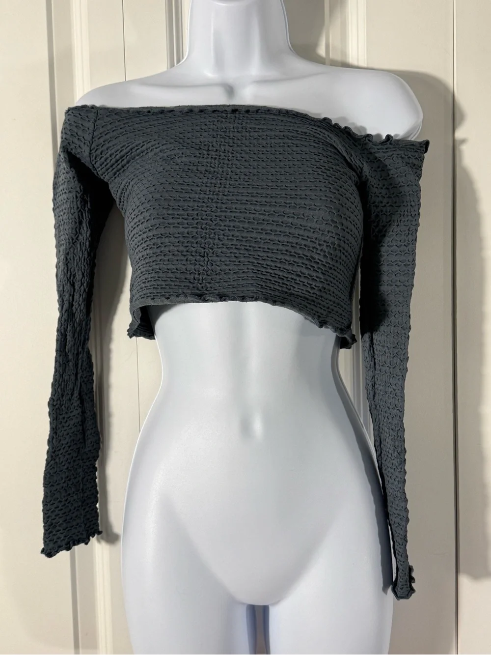 Free People Charcoal Off-the-Shoulder Long Sleeve Crop Top